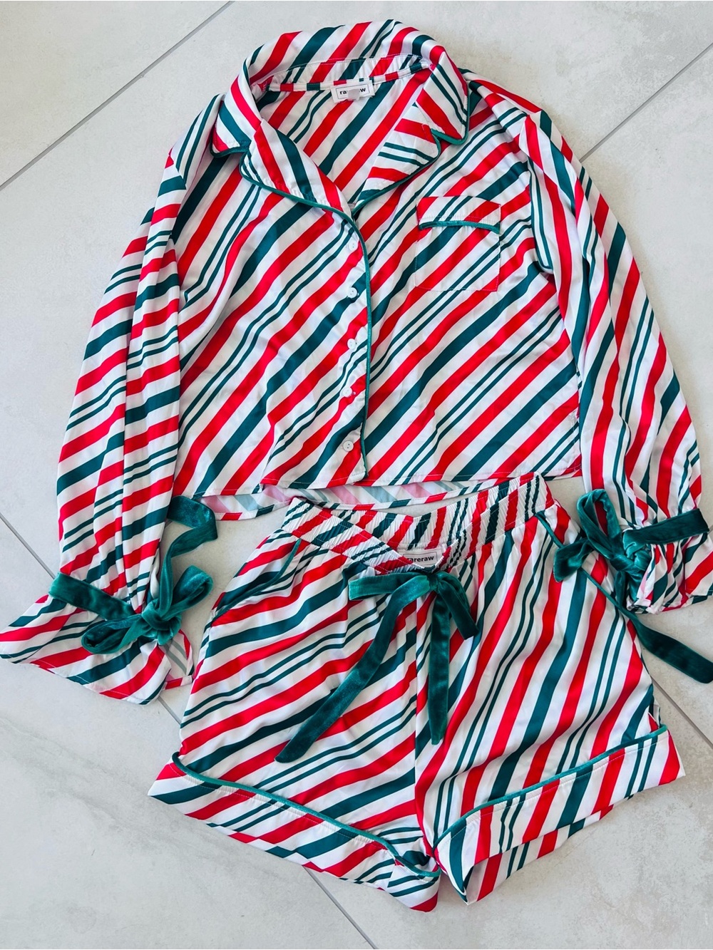 Holiday Candy Cane Stripe Red & Green Pajama Set NWOT